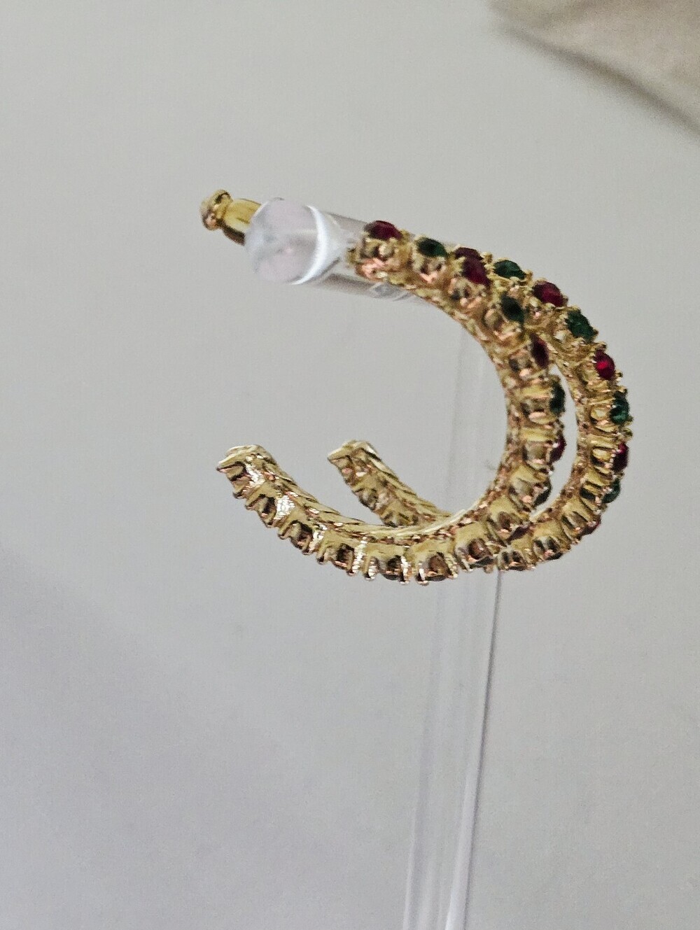 Vintage Gold Tone Hoop Earrings with Red and Green Stones - Picture 15 of 16